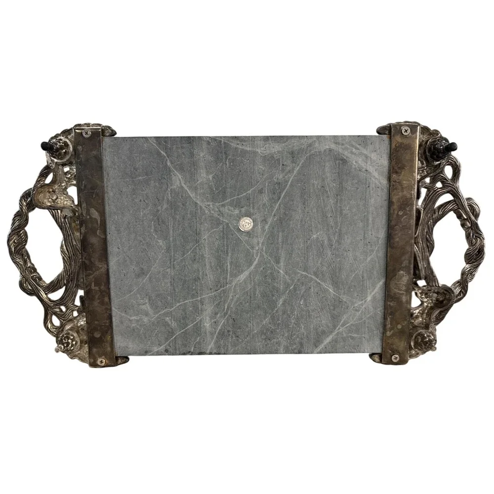 VTG‎ Grapevine Godinger Silver Art Co Green Marble Cheese Charcuterie Board 18